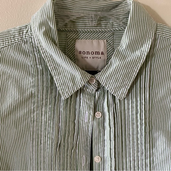 Vintage Women Size XL Sonoma Button Up Blouse Green White Stripes Pleated Lapel - Picture 2 of 9